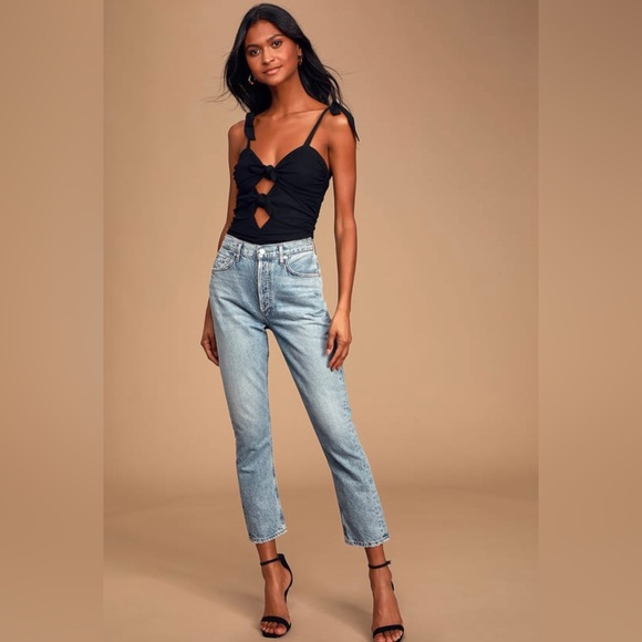 LuLus Eye On Me Black Mesh Tie-Front Ruched Bodysuit (MEDIUM) - Picture 5 of 10